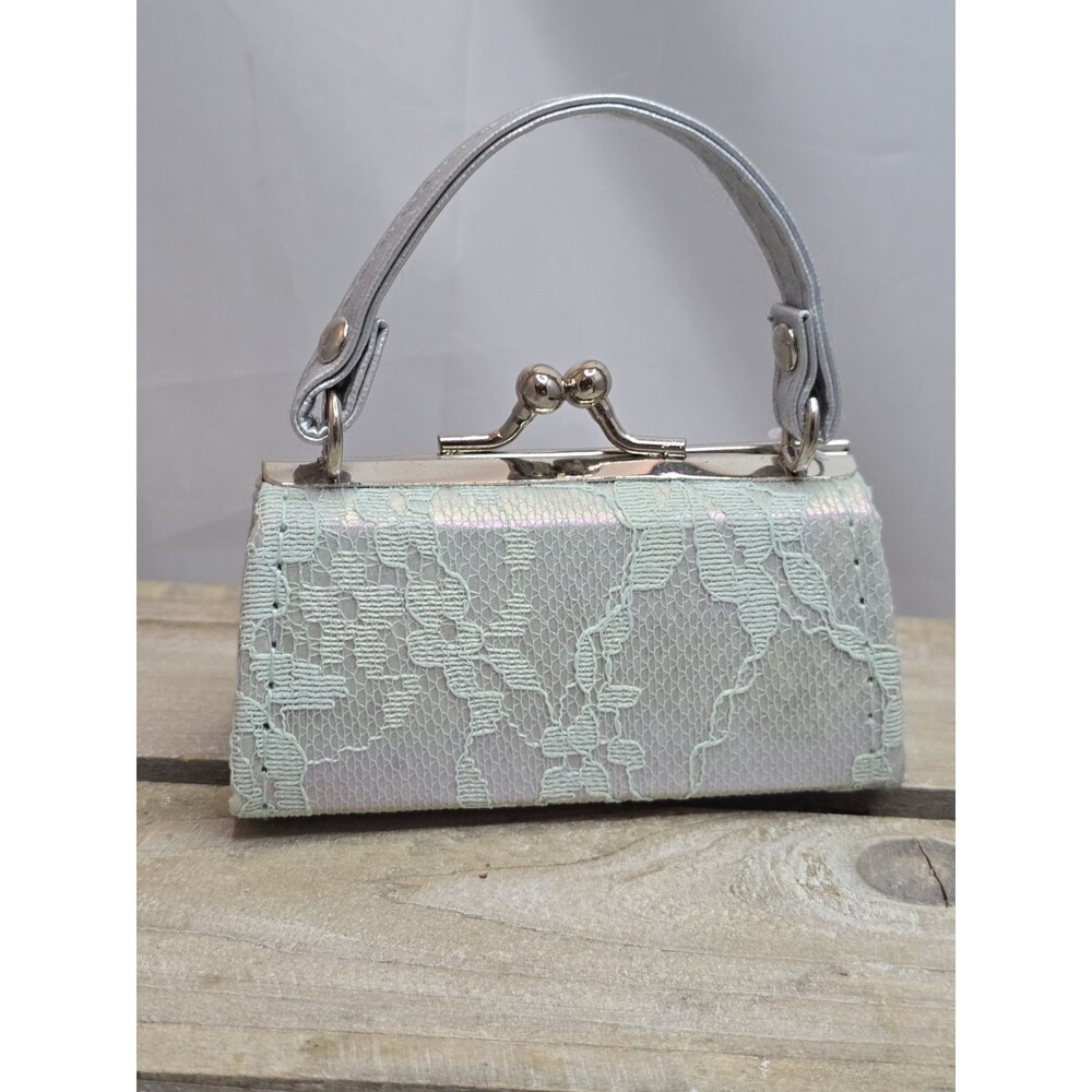 Y2K Mini Lipstick Purse Micro Kiss Lock Handbag Iridescent Blue Lace 4" Tik Tok